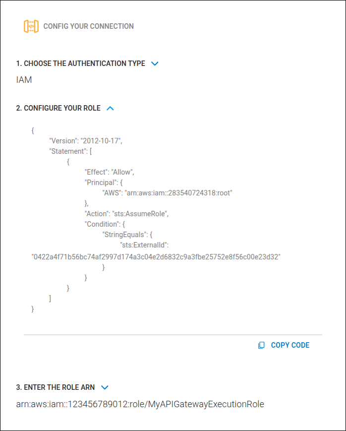 detalhe da tela de configuração com campos para Configure your role e Role ARN
