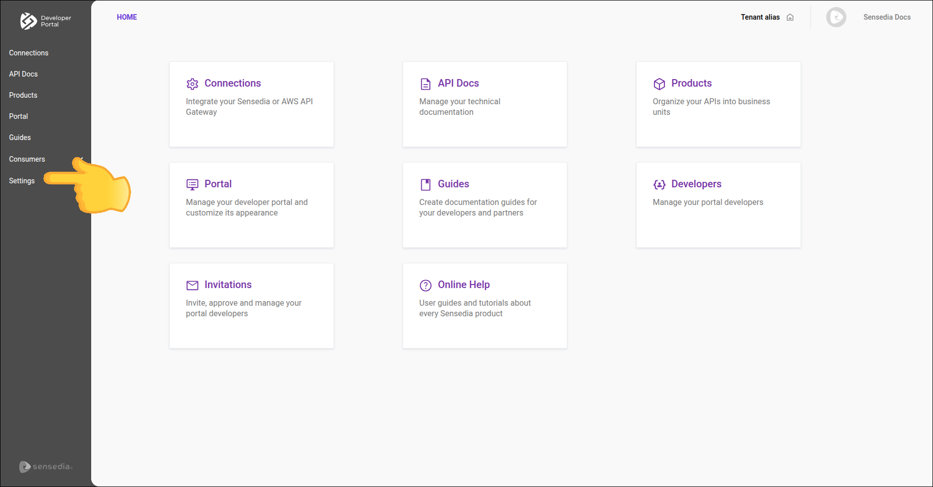 tela inicial com destaque para settings