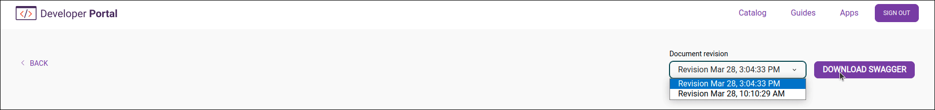 detalhe da tela catalog com opções de document revision e botão de download