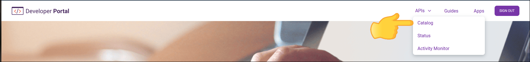 detalhe do cabeçalho do developer portal com indicação do link para o catalog