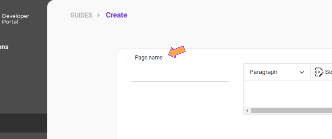 parte da tela guides com o campo page name ao centro