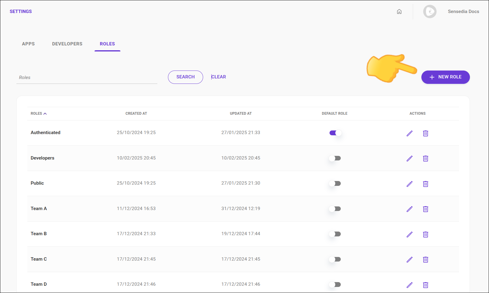 aba settings com destaque para o botão new role