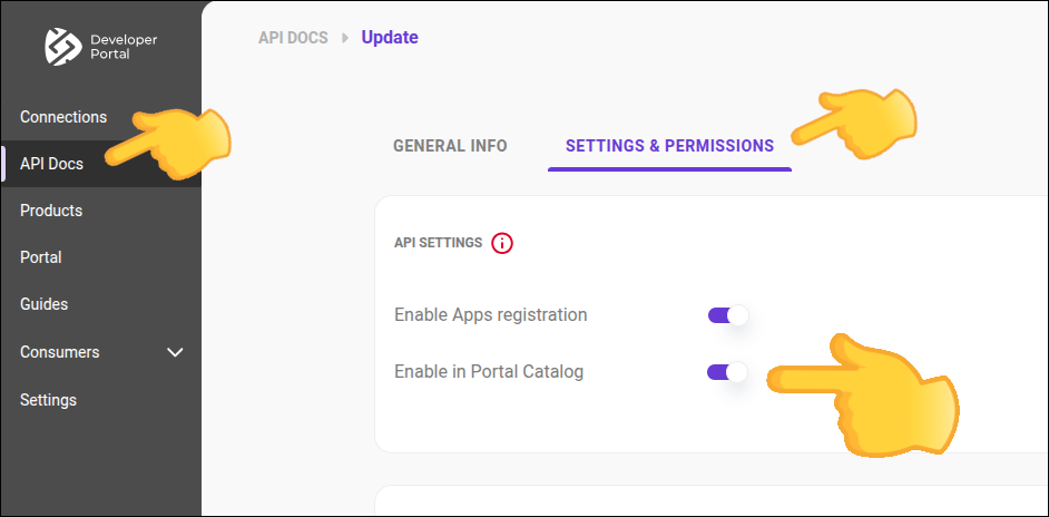 "tela API docs com destaque para o toggle enable in Portal Catalog