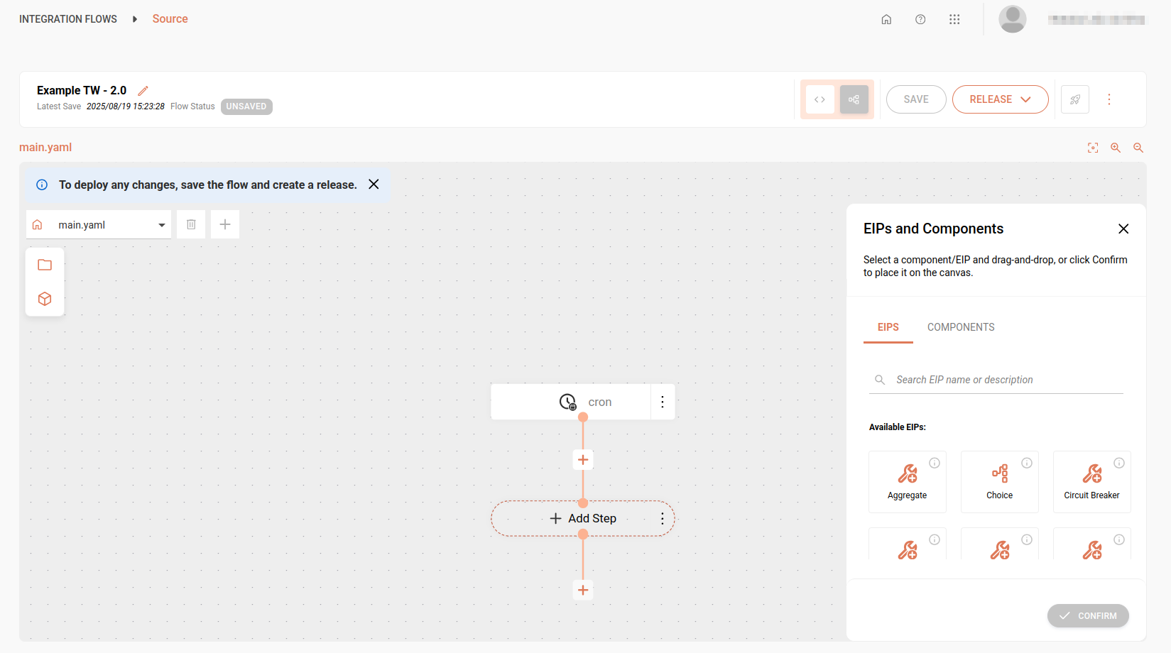 Tela Source com o canvas exibindo os componentes e EIPs disponíveis