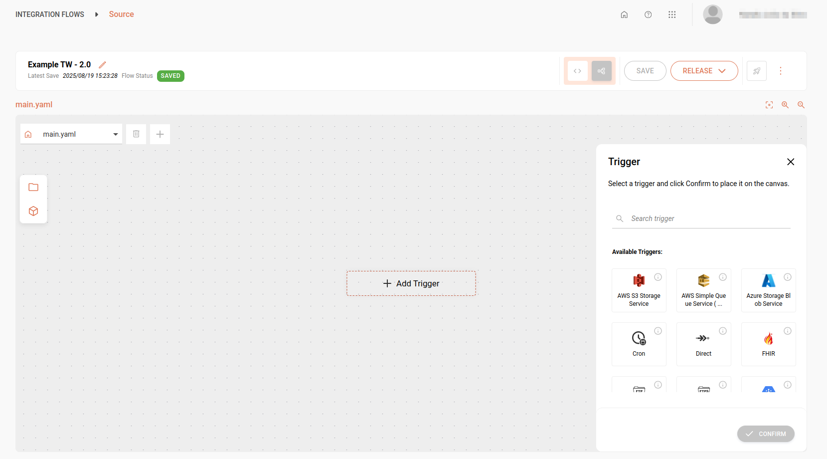 Tela Source com o canvas exibindo os gatilhos disponíveis